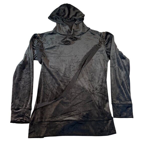 Killstar In A State Black Velvet Hooded Pullover Shoulder Zipper Cutouts Straps - Picture 4 of 10